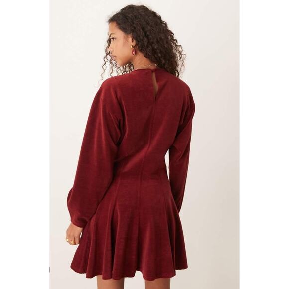 ASOS Women's Deep Red Chunky Corduroy Ruffle Flare Keyhole Back Mini Dress 12 - Picture 2 of 4